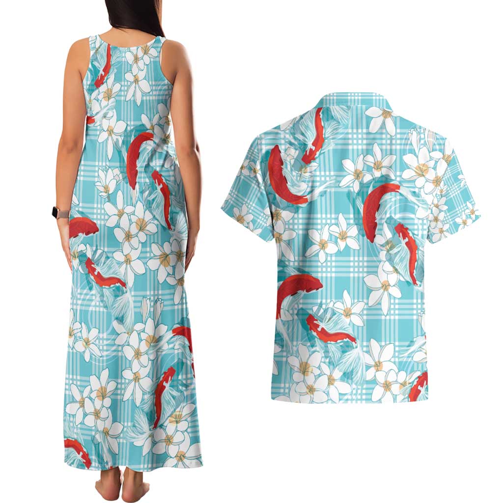 Turquoise Palaka Hawaii Aloha Couples Matching Tank Maxi Dress and Hawaiian Shirt Koi Pond Mix Plumeria - Polynesian Pride