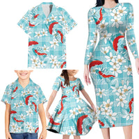 Turquoise Palaka Hawaii Aloha Family Matching Long Sleeve Bodycon Dress and Hawaiian Shirt Koi Pond Mix Plumeria - Polynesian Pride