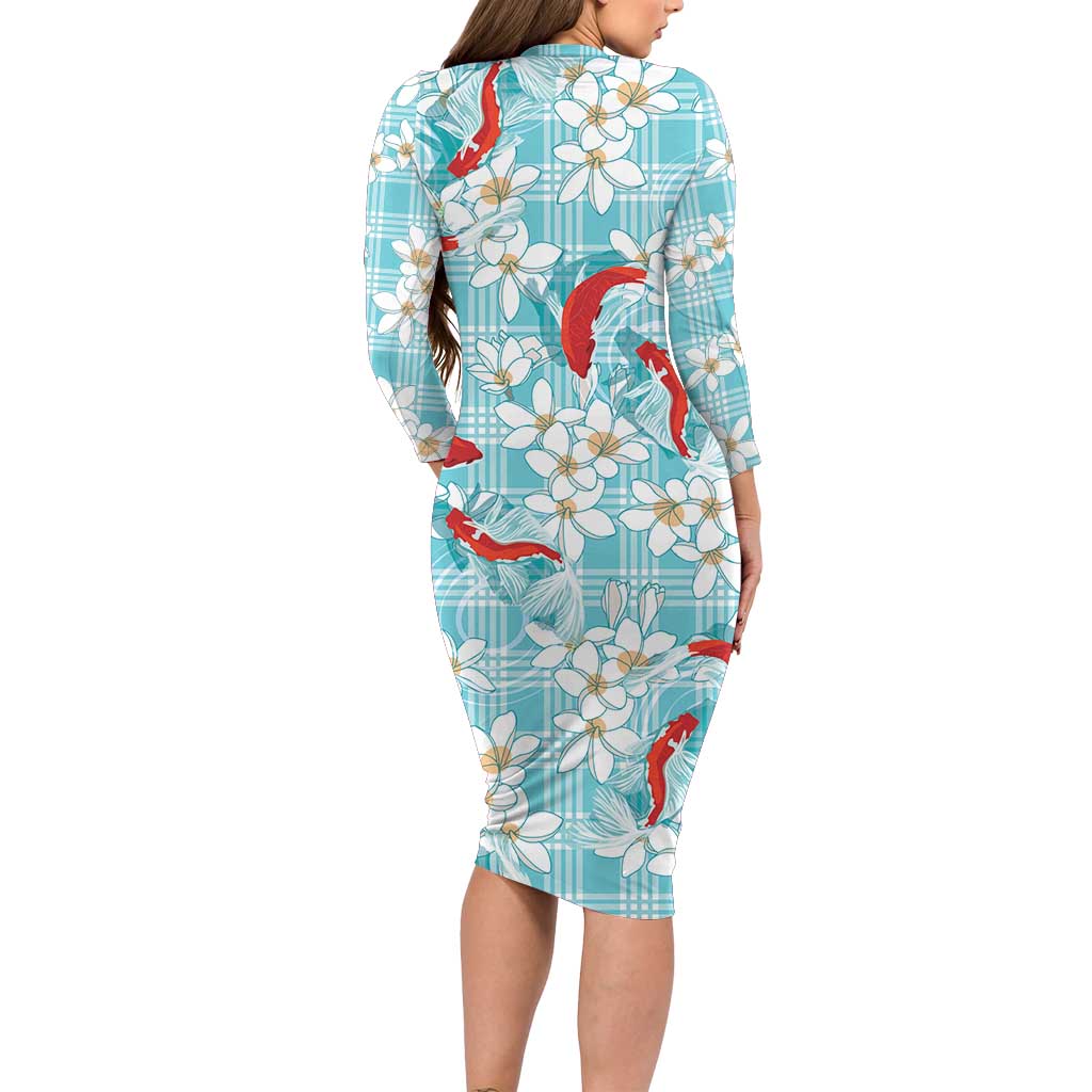 Turquoise Palaka Hawaii Aloha Family Matching Long Sleeve Bodycon Dress and Hawaiian Shirt Koi Pond Mix Plumeria - Polynesian Pride