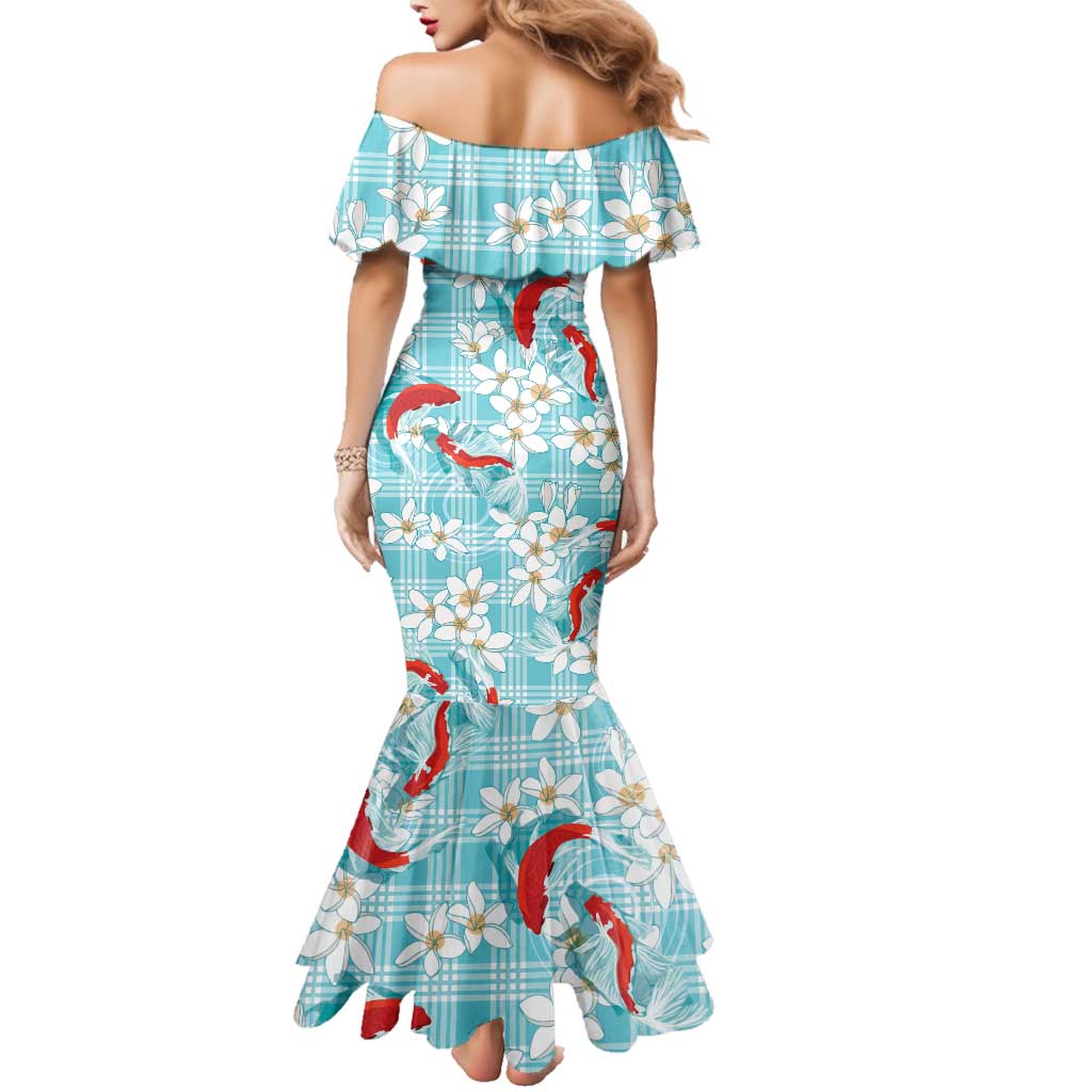 Turquoise Palaka Hawaii Aloha Family Matching Mermaid Dress and Hawaiian Shirt Koi Pond Mix Plumeria - Polynesian Pride