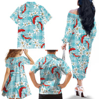 Turquoise Palaka Hawaii Aloha Family Matching Off The Shoulder Long Sleeve Dress and Hawaiian Shirt Koi Pond Mix Plumeria - Polynesian Pride