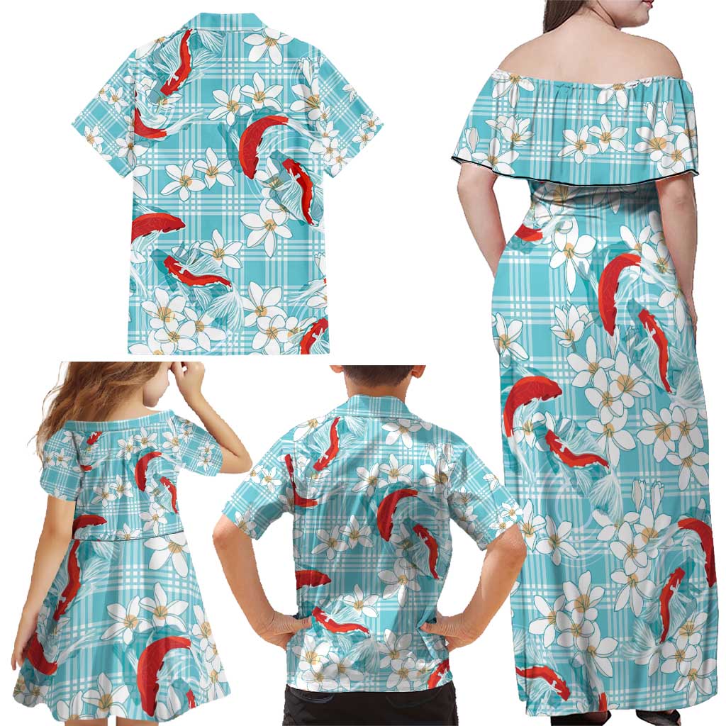 Turquoise Palaka Hawaii Aloha Family Matching Off Shoulder Maxi Dress and Hawaiian Shirt Koi Pond Mix Plumeria - Polynesian Pride