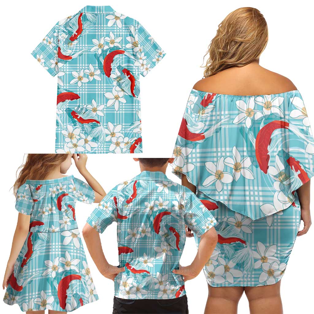Turquoise Palaka Hawaii Aloha Family Matching Off Shoulder Short Dress and Hawaiian Shirt Koi Pond Mix Plumeria - Polynesian Pride