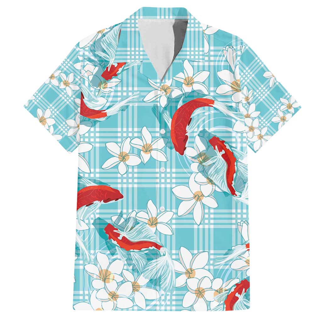 Turquoise Palaka Hawaii Aloha Family Matching Off Shoulder Short Dress and Hawaiian Shirt Koi Pond Mix Plumeria - Polynesian Pride