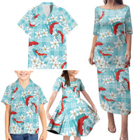 Turquoise Palaka Hawaii Aloha Family Matching Puletasi and Hawaiian Shirt Koi Pond Mix Plumeria - Polynesian Pride
