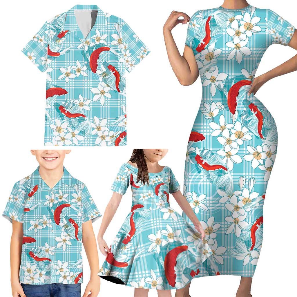 Turquoise Palaka Hawaii Aloha Family Matching Short Sleeve Bodycon Dress and Hawaiian Shirt Koi Pond Mix Plumeria - Polynesian Pride