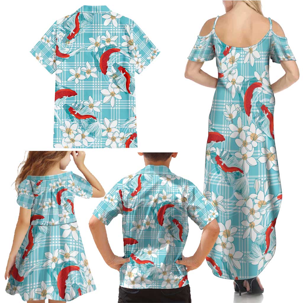 Turquoise Palaka Hawaii Aloha Family Matching Summer Maxi Dress and Hawaiian Shirt Koi Pond Mix Plumeria - Polynesian Pride