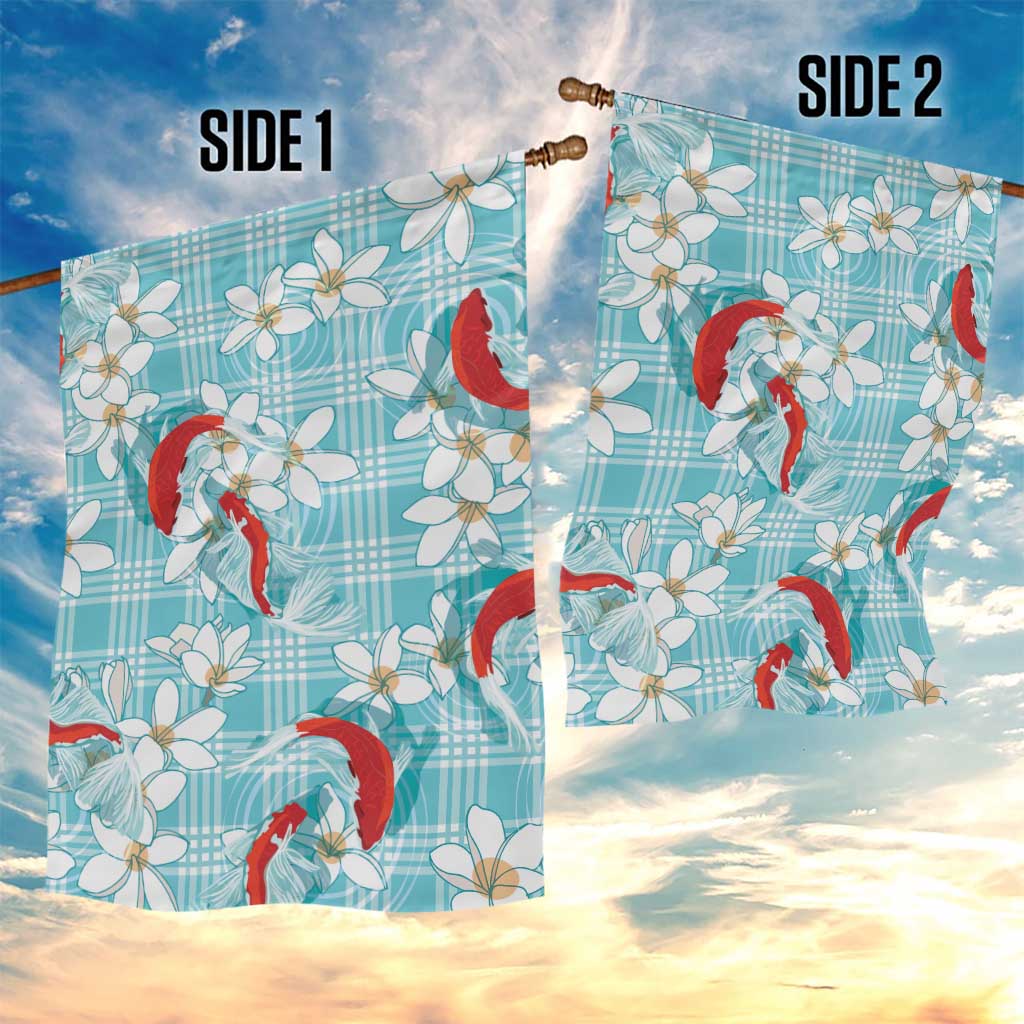 Turquoise Palaka Hawaii Aloha Garden Flag Koi Pond Mix Plumeria - Polynesian Pride