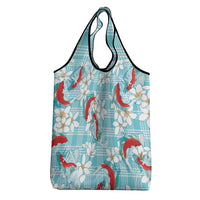 Turquoise Palaka Hawaii Aloha Grocery Bag Koi Pond Mix Plumeria - Polynesian Pride