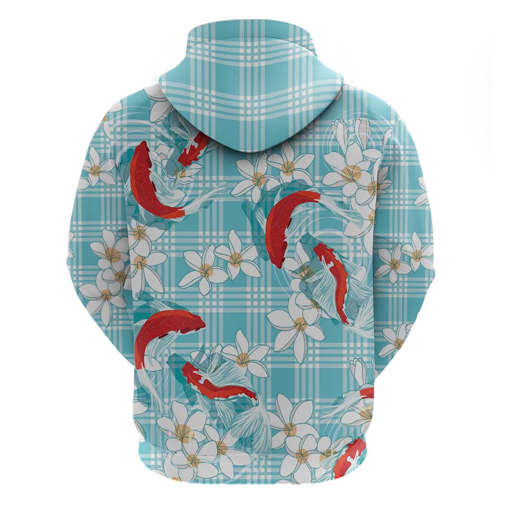 Turquoise Palaka Hawaii Aloha Hoodie Koi Pond Mix Plumeria - Polynesian Pride