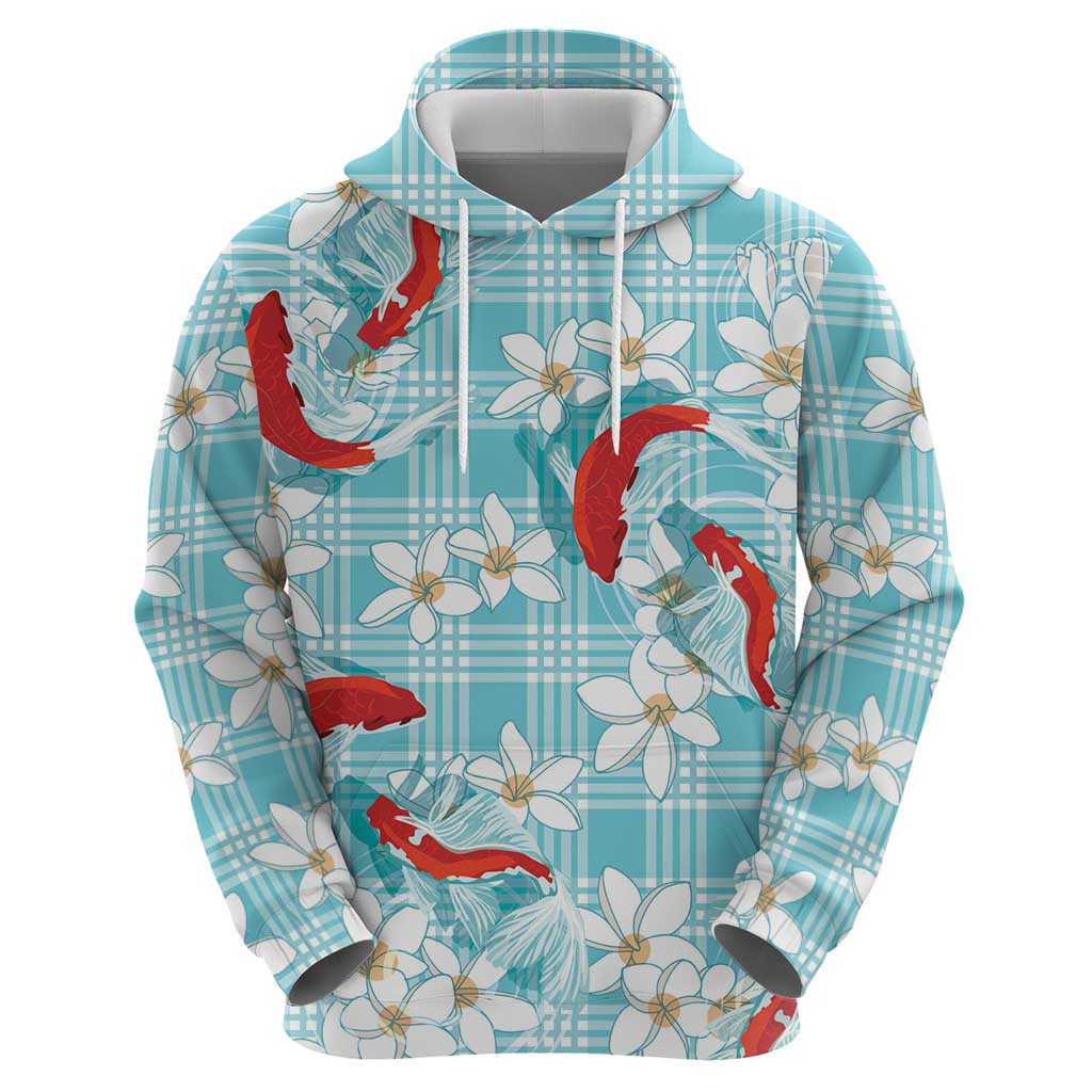 Turquoise Palaka Hawaii Aloha Hoodie Koi Pond Mix Plumeria - Polynesian Pride