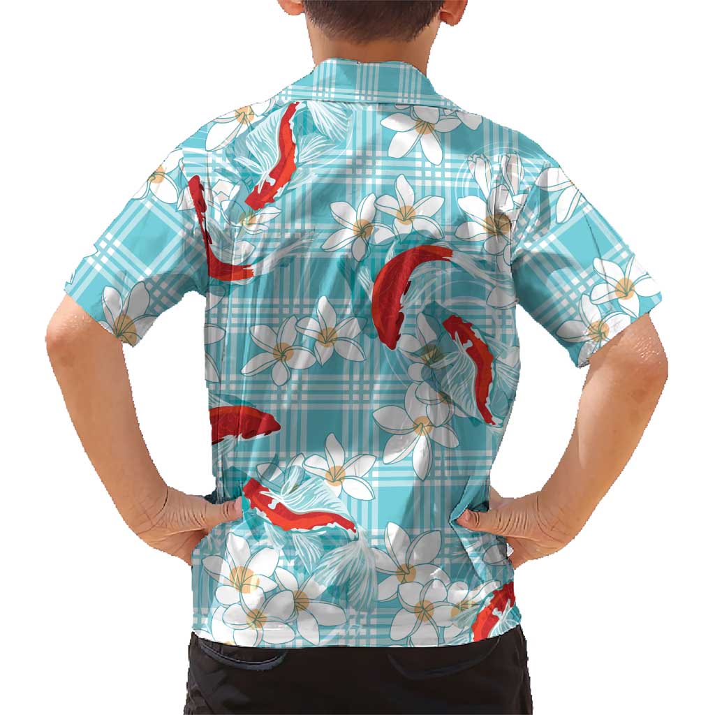 Turquoise Palaka Hawaii Aloha Kid Hawaiian Shirt Koi Pond Mix Plumeria LT7 - Polynesian Pride