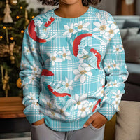 Turquoise Palaka Hawaii Aloha Kid Ugly Christmas Sweater Koi Pond Mix Plumeria - Polynesian Pride