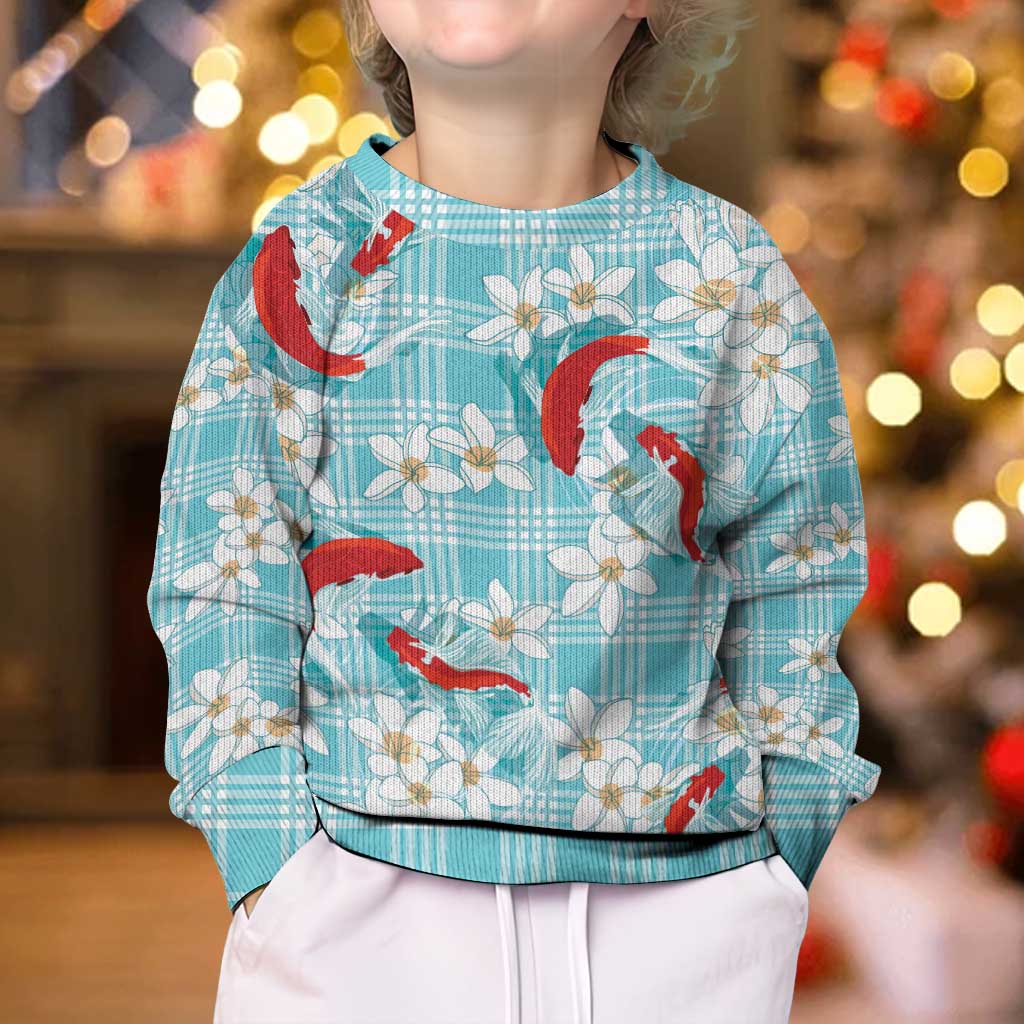 Turquoise Palaka Hawaii Aloha Kid Ugly Christmas Sweater Koi Pond Mix Plumeria - Polynesian Pride