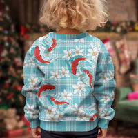 Turquoise Palaka Hawaii Aloha Kid Ugly Christmas Sweater Koi Pond Mix Plumeria - Polynesian Pride