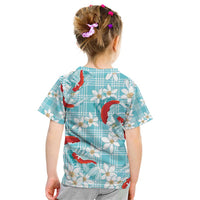 Turquoise Palaka Hawaii Aloha Kid T Shirt Koi Pond Mix Plumeria - Polynesian Pride
