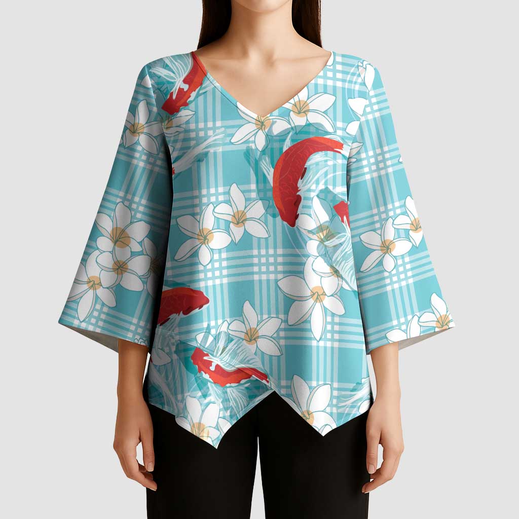 Turquoise Palaka Hawaii Aloha Kimono Sleeve Blouse Koi Pond Mix Plumeria - Polynesian Pride