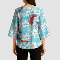 Turquoise Palaka Hawaii Aloha Kimono Sleeve Blouse Koi Pond Mix Plumeria - Polynesian Pride