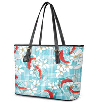 Turquoise Palaka Hawaii Aloha Leather Tote Bag Koi Pond Mix Plumeria - Polynesian Pride