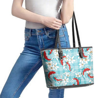 Turquoise Palaka Hawaii Aloha Leather Tote Bag Koi Pond Mix Plumeria - Polynesian Pride
