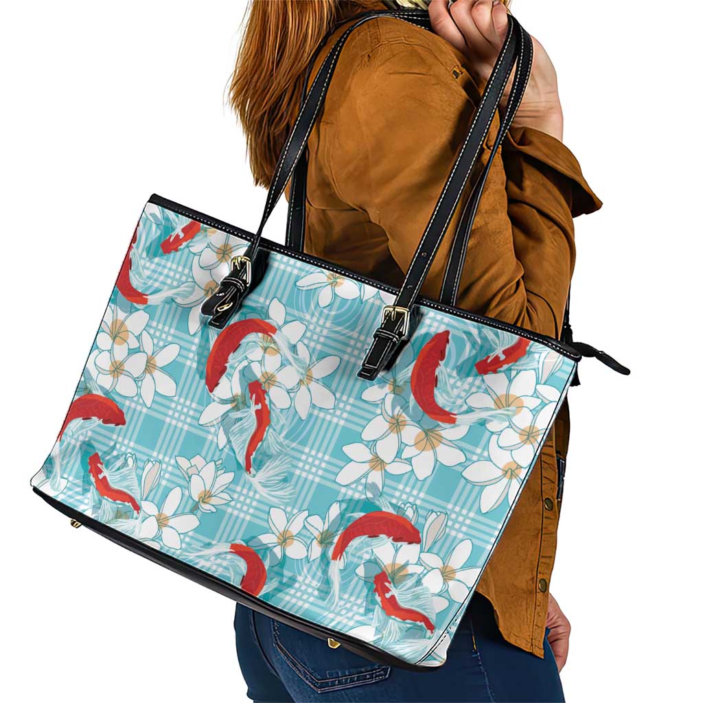 Turquoise Palaka Hawaii Aloha Leather Tote Bag Koi Pond Mix Plumeria - Polynesian Pride