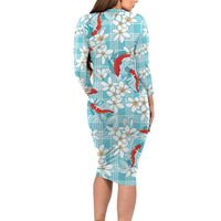Turquoise Palaka Hawaii Aloha Long Sleeve Bodycon Dress Koi Pond Mix Plumeria - Polynesian Pride