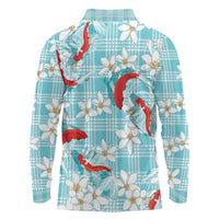 Turquoise Palaka Hawaii Aloha Long Sleeve Polo Shirt Koi Pond Mix Plumeria - Polynesian Pride