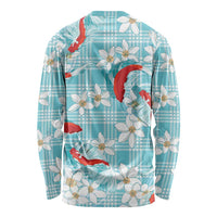 Turquoise Palaka Hawaii Aloha Long Sleeve Shirt Koi Pond Mix Plumeria - Polynesian Pride