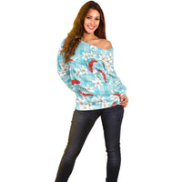Turquoise Palaka Hawaii Aloha Off Shoulder Sweater Koi Pond Mix Plumeria - Polynesian Pride