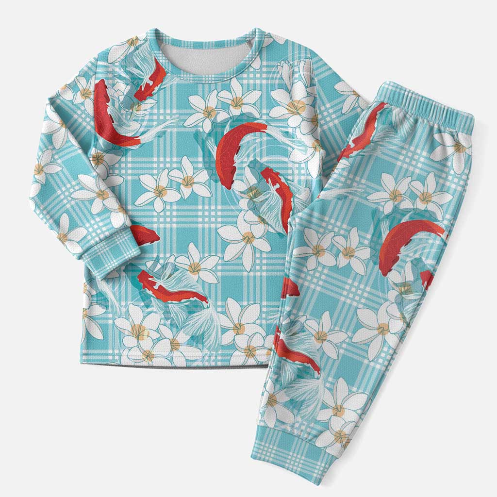 Turquoise Palaka Hawaii Aloha Christmas Pajama Set Koi Pond Mix Plumeria - Polynesian Pride