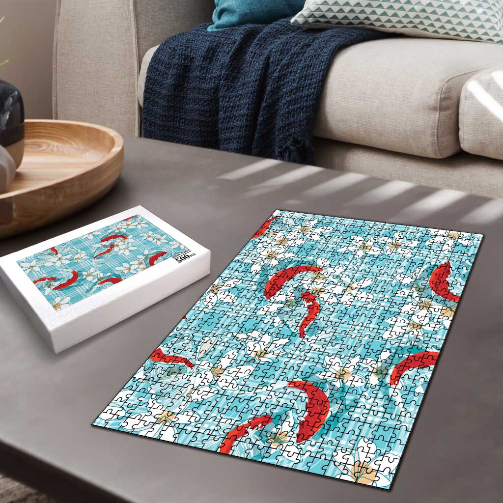 Turquoise Palaka Hawaii Aloha Puzzle Koi Pond Mix Plumeria - Polynesian Pride