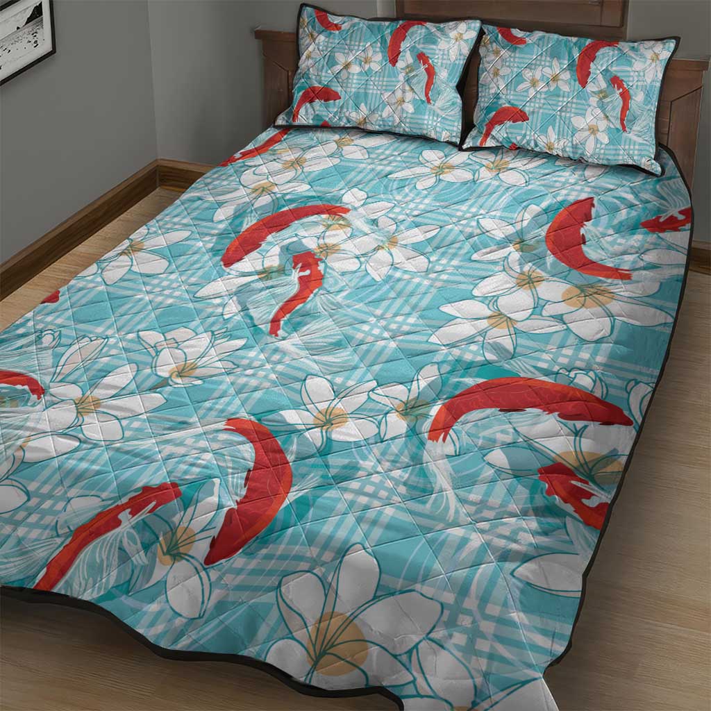 Turquoise Palaka Hawaii Aloha Quilt Bed Set Koi Pond Mix Plumeria - Polynesian Pride