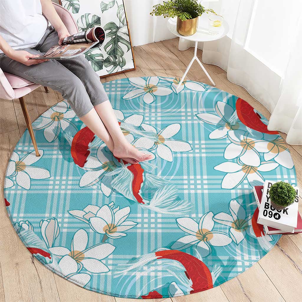 Turquoise Palaka Hawaii Aloha Round Carpet Koi Pond Mix Plumeria - Polynesian Pride