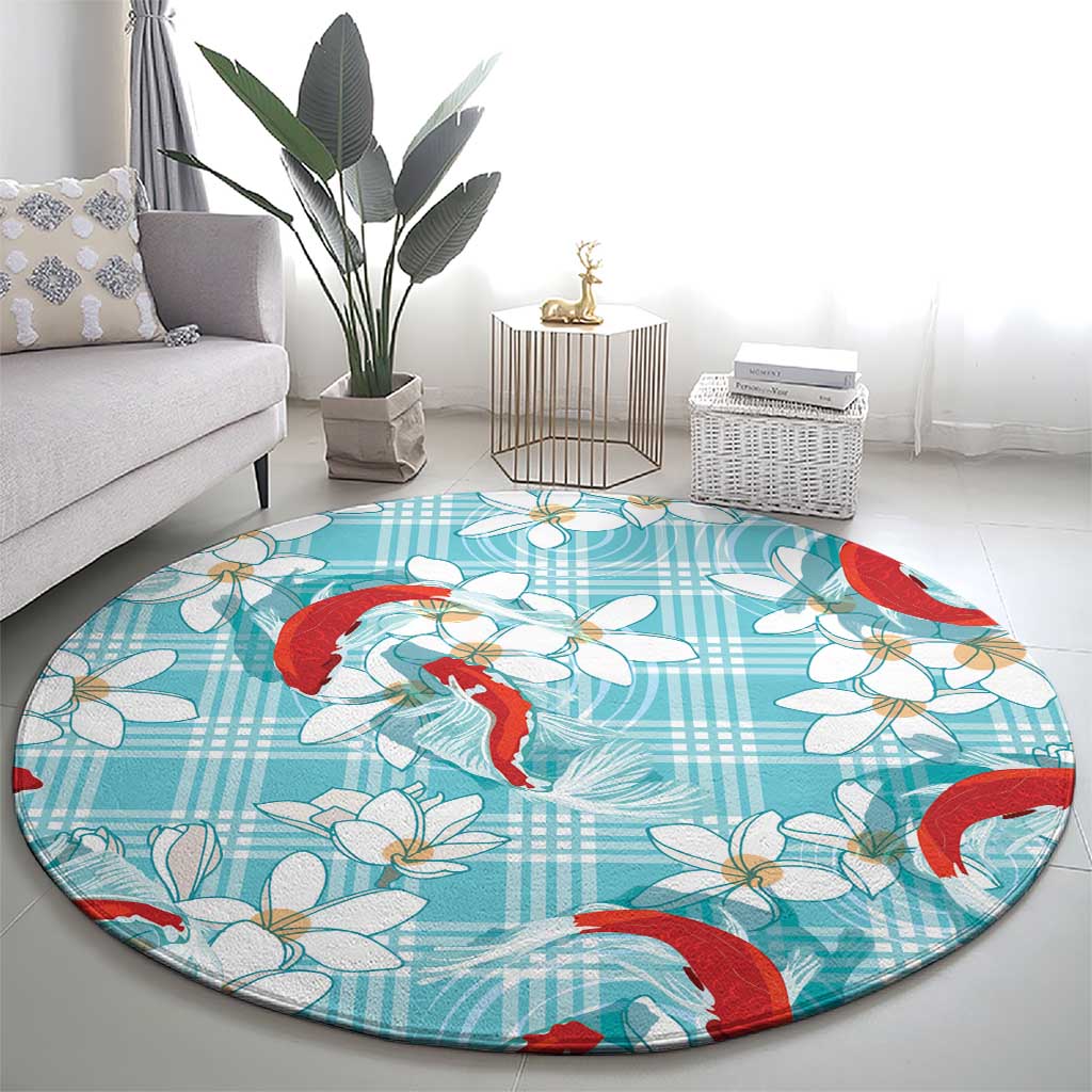 Turquoise Palaka Hawaii Aloha Round Carpet Koi Pond Mix Plumeria - Polynesian Pride
