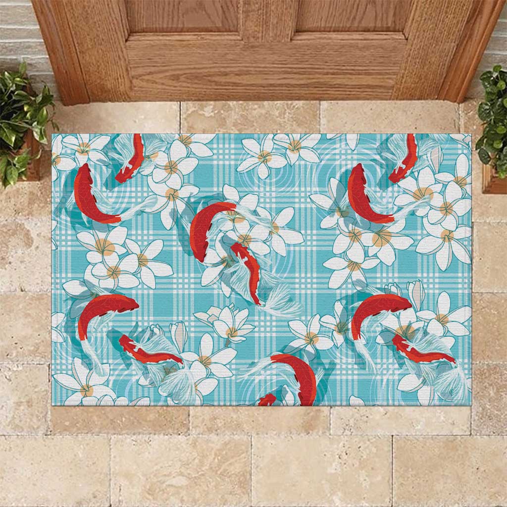 Turquoise Palaka Hawaii Aloha Rubber Doormat Koi Pond Mix Plumeria - Polynesian Pride