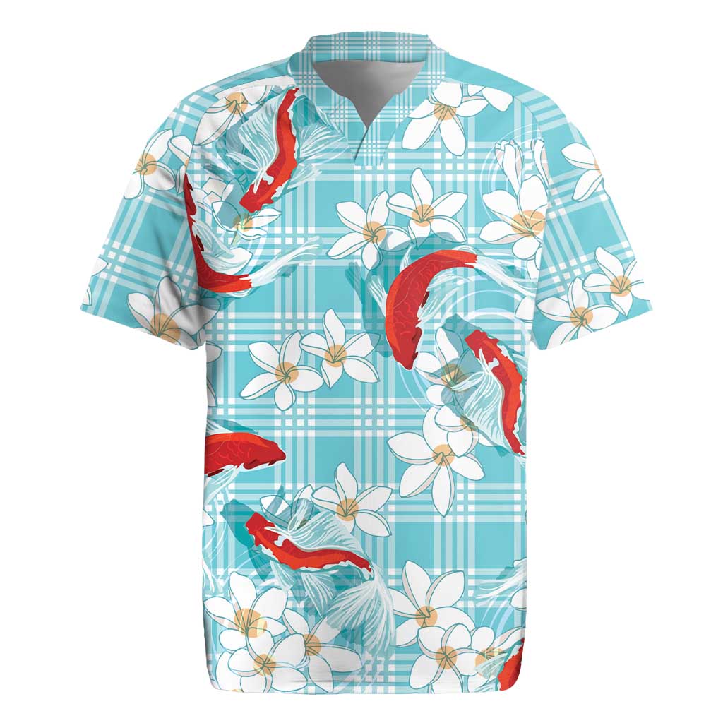 Turquoise Palaka Hawaii Aloha Rugby Jersey Koi Pond Mix Plumeria LT7 Turquoise - Polynesian Pride