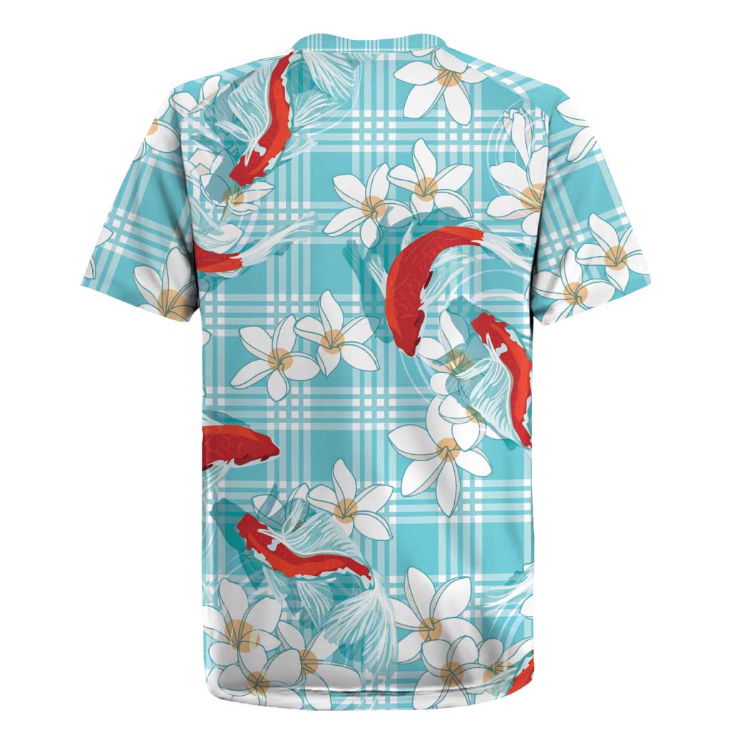 Turquoise Palaka Hawaii Aloha Rugby Jersey Koi Pond Mix Plumeria LT7 - Polynesian Pride