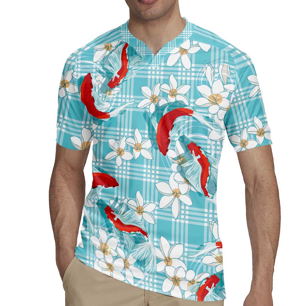 Turquoise Palaka Hawaii Aloha Rugby Jersey Koi Pond Mix Plumeria LT7 - Polynesian Pride