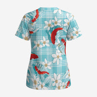 Turquoise Palaka Hawaii Aloha Scrub Top Koi Pond Mix Plumeria - Polynesian Pride