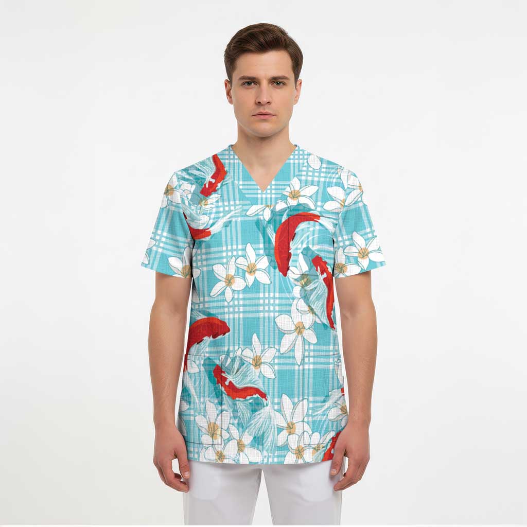 Turquoise Palaka Hawaii Aloha Scrub Top Koi Pond Mix Plumeria - Polynesian Pride