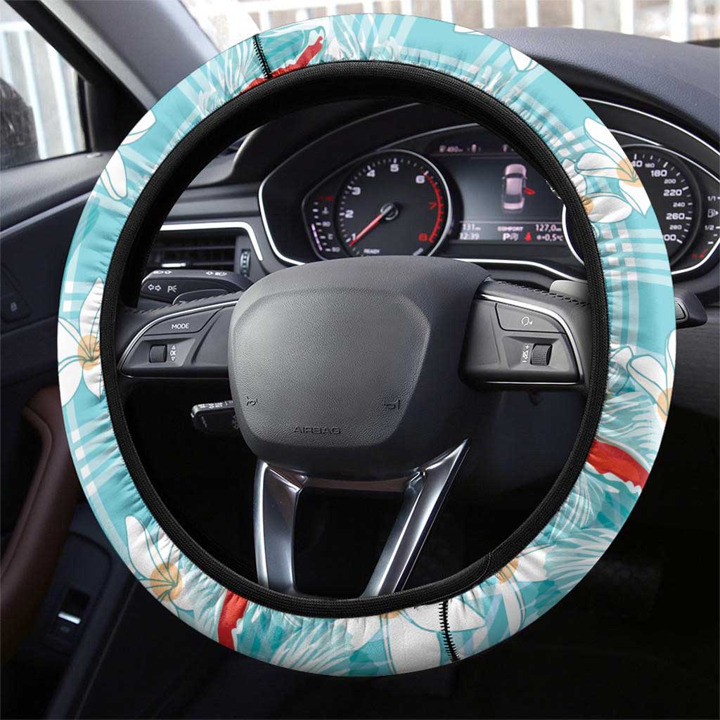 Turquoise Palaka Hawaii Aloha Steering Wheel Cover Koi Pond Mix Plumeria - Polynesian Pride