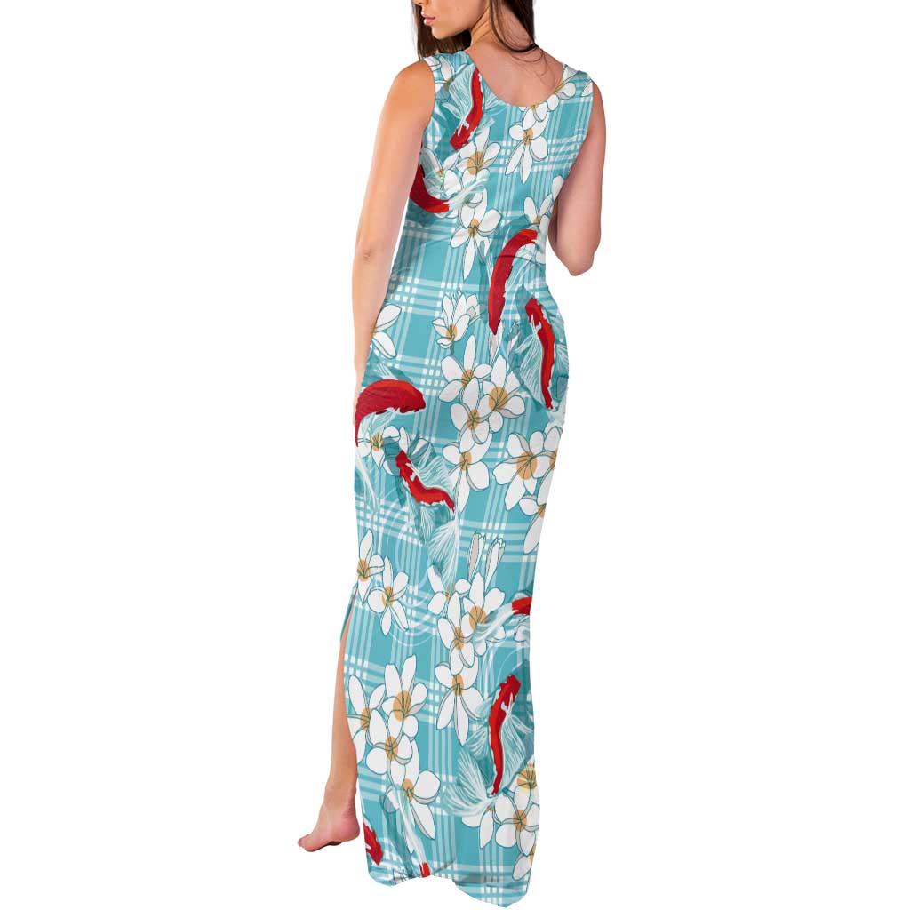 Turquoise Palaka Hawaii Aloha Tank Maxi Dress Koi Pond Mix Plumeria - Polynesian Pride