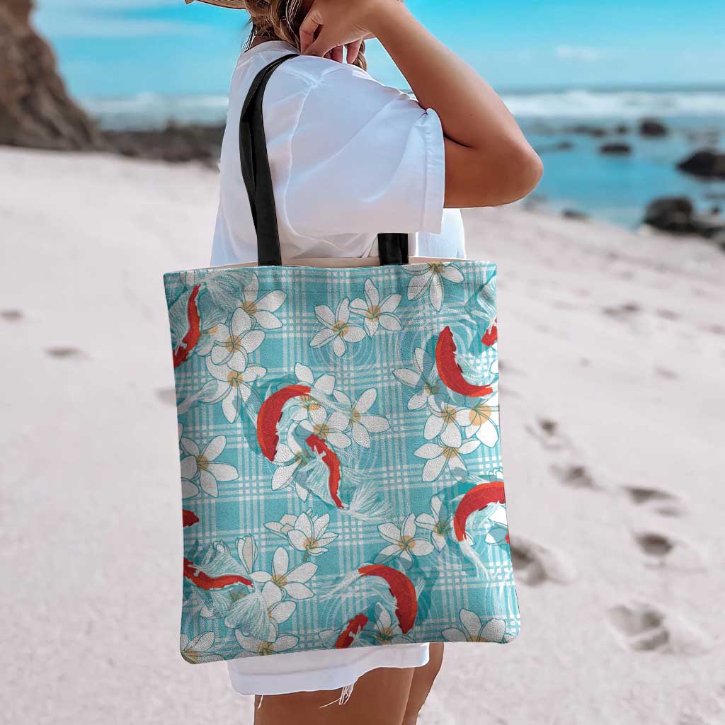 Turquoise Palaka Hawaii Aloha Tote Bag Koi Pond Mix Plumeria - Polynesian Pride