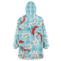 Turquoise Palaka Hawaii Aloha Wearable Blanket Hoodie Koi Pond Mix Plumeria - Polynesian Pride