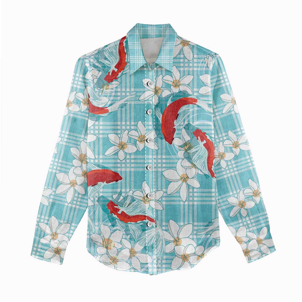 Turquoise Palaka Hawaii Aloha Women Casual Shirt Koi Pond Mix Plumeria - Polynesian Pride