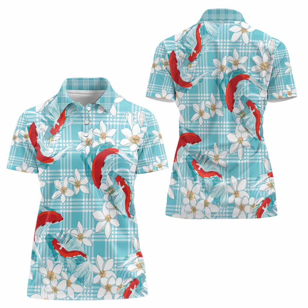 Turquoise Palaka Hawaii Aloha Women Polo Shirt Koi Pond Mix Plumeria - Polynesian Pride