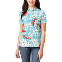 Turquoise Palaka Hawaii Aloha Women Polo Shirt Koi Pond Mix Plumeria - Polynesian Pride