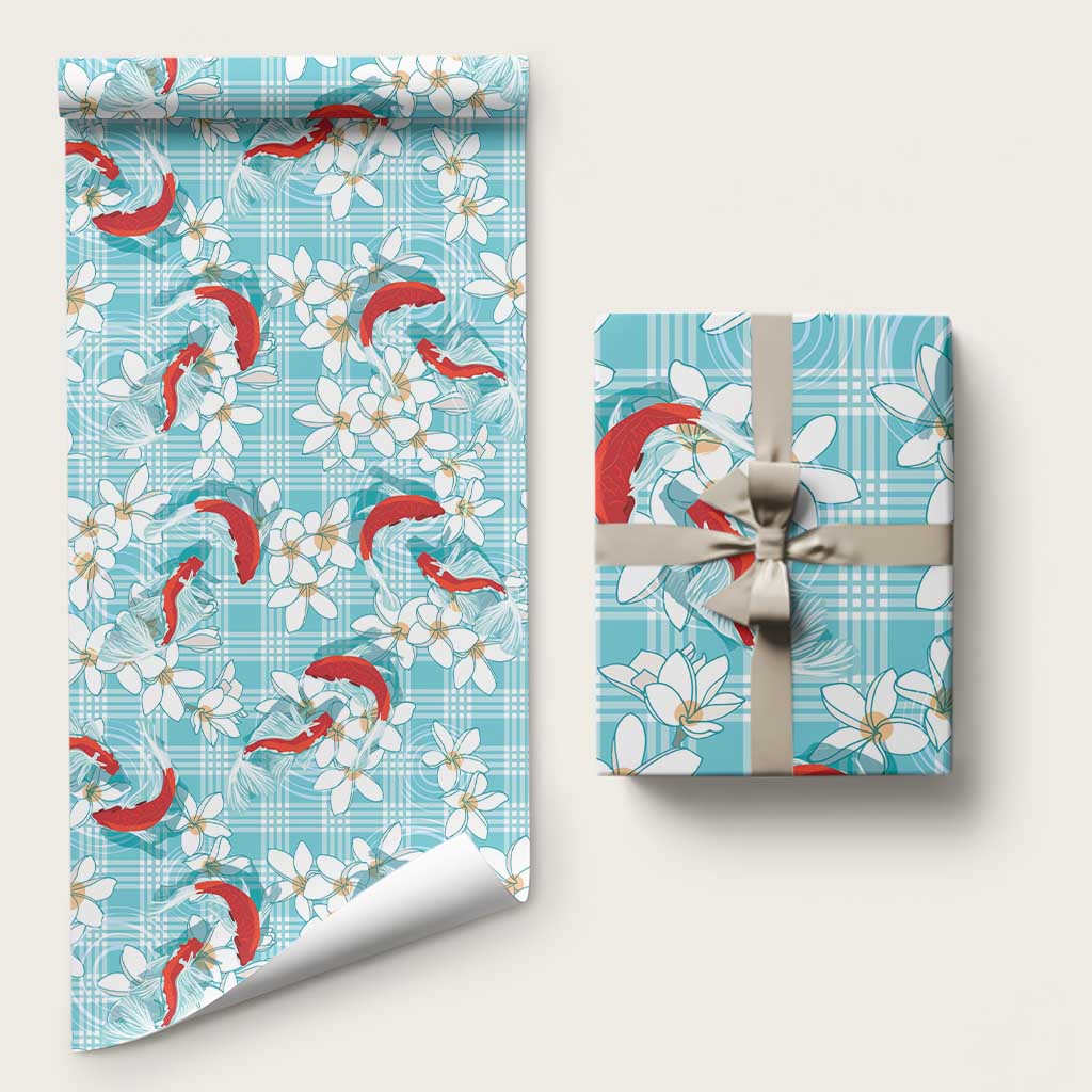 Turquoise Palaka Hawaii Aloha Wrapping Paper Koi Pond Mix Plumeria LT7 58" × 23" Turquoise - Polynesian Pride
