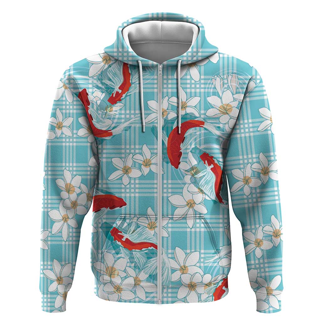 Turquoise Palaka Hawaii Aloha Zip Hoodie Koi Pond Mix Plumeria - Polynesian Pride