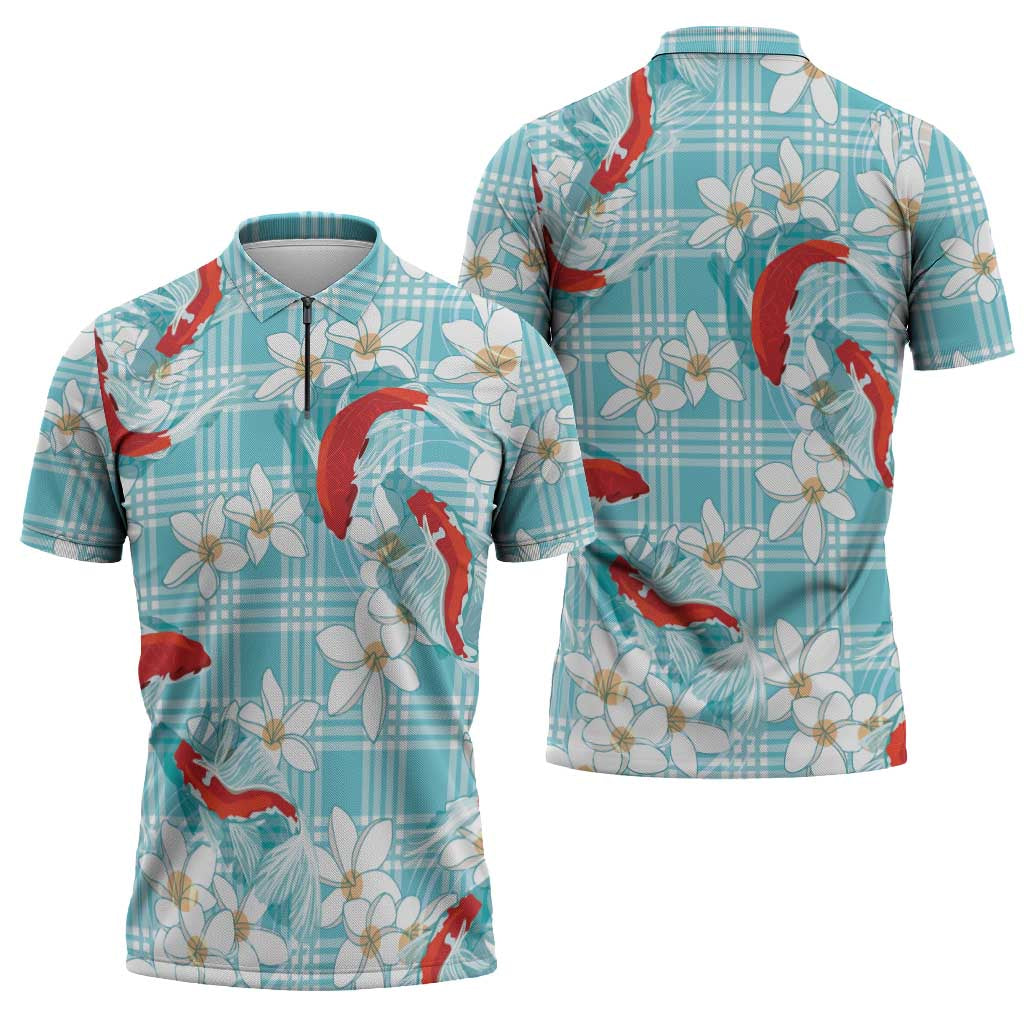 Turquoise Palaka Hawaii Aloha Zipper Polo Shirt Koi Pond Mix Plumeria - Polynesian Pride